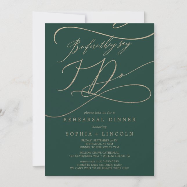 Romantic Green Gold Before I Do Rehearsal Dinner Invitation (Front)