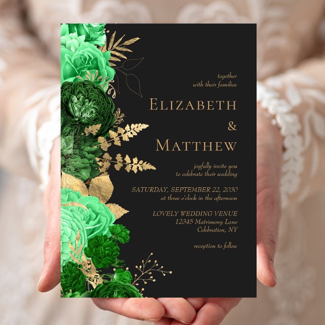 Romantic Green Gold Floral Dark Wedding Invitation (Creator Uploaded)