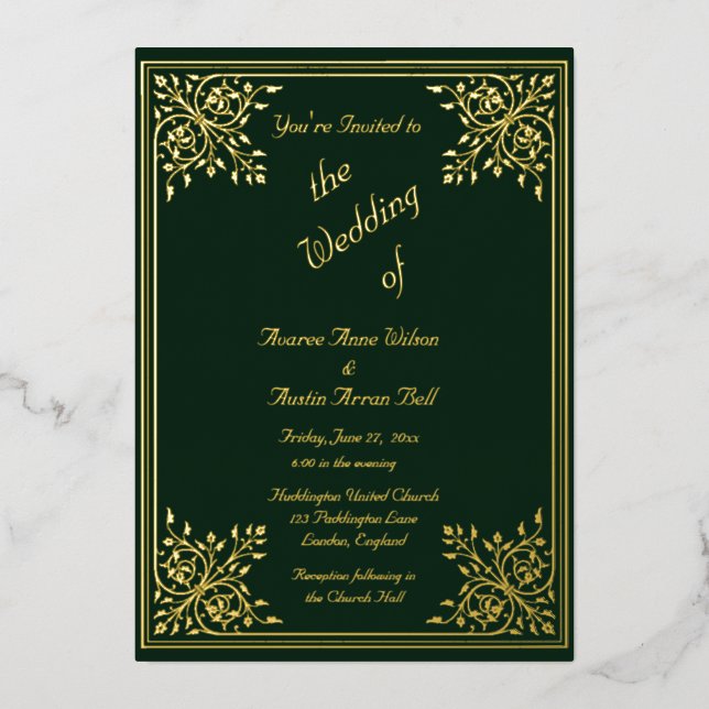 Romantic Green Gold Foil Frame and Text Wedding Foil Invitation (Front)