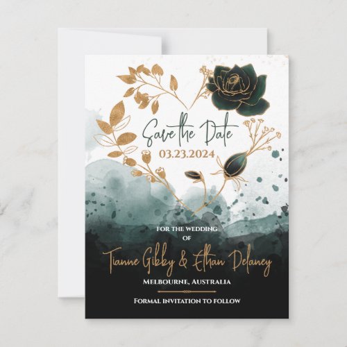 Romantic Green Gold Rose Heart Save the Date Card