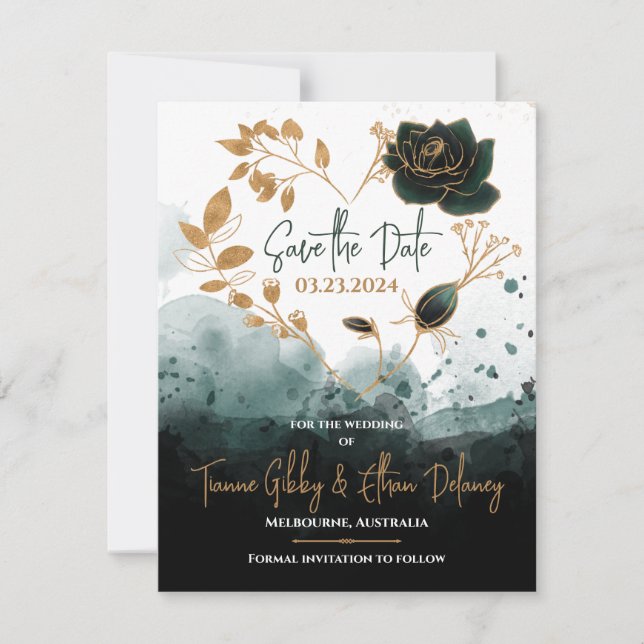 Romantic Green, Gold Rose Heart Save the Date Card (Front)