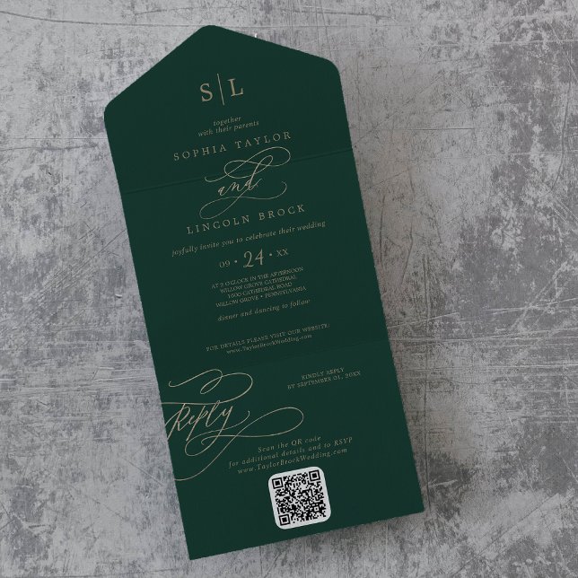 Romantic Green Monogram QR Code Wedding All In One Invitation (Creator Uploaded)