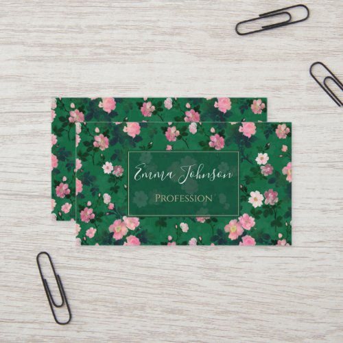Romantic Green Pink Roses Floral Painting Business Card