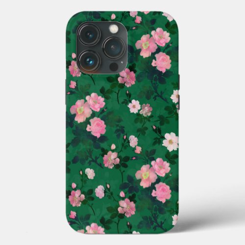 Romantic Green Pink Roses Floral Painting iPhone 13 Pro Case