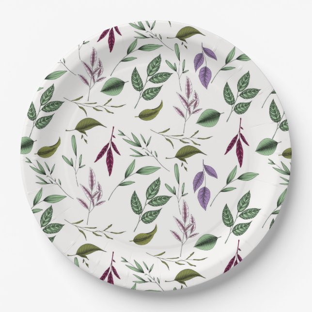 Romantic green purple foliage eucalyptus leaves paper plates (Front)