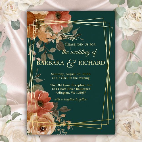 Romantic Green Real Gold Foil Floral Wedding  Foil Invitation