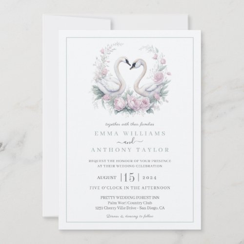Romantic Green Swan Couple Wedding Invitation