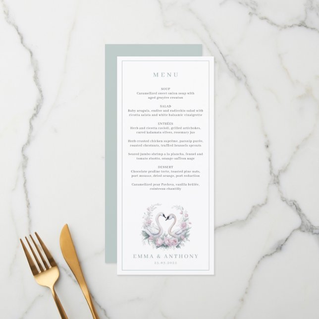 Romantic Green Swan Couple Wedding Menu (Front/Back In Situ)