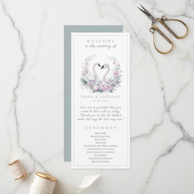 Romantic Green Swan Couple Wedding Program (Front/Back In Situ)