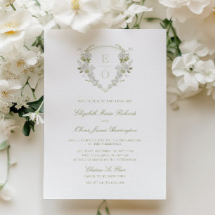 Romantic Green White Floral Monogram Crest Wedding Invitation