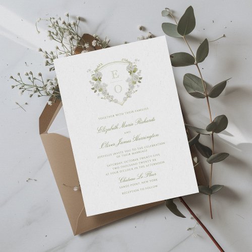 Romantic Green White Floral Monogram Crest Wedding Invitation