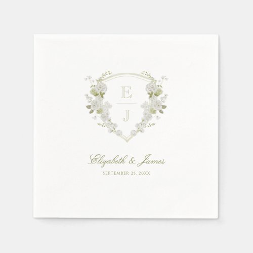 Romantic Green White Floral Monogram Crest Wedding Napkins