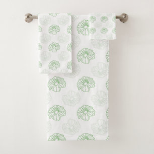 Romantic Green, White Flowers Pattern Bath Towel Set