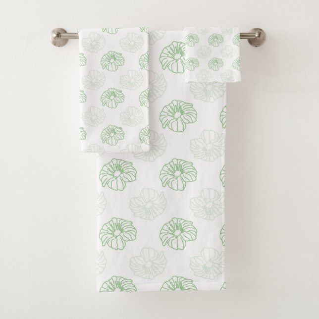 Romantic Green, White Flowers Pattern Bath Towel Set (Insitu)