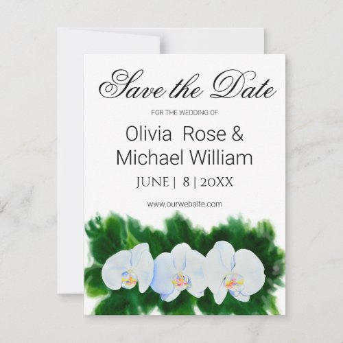 Romantic green white watercolor orchids save the date