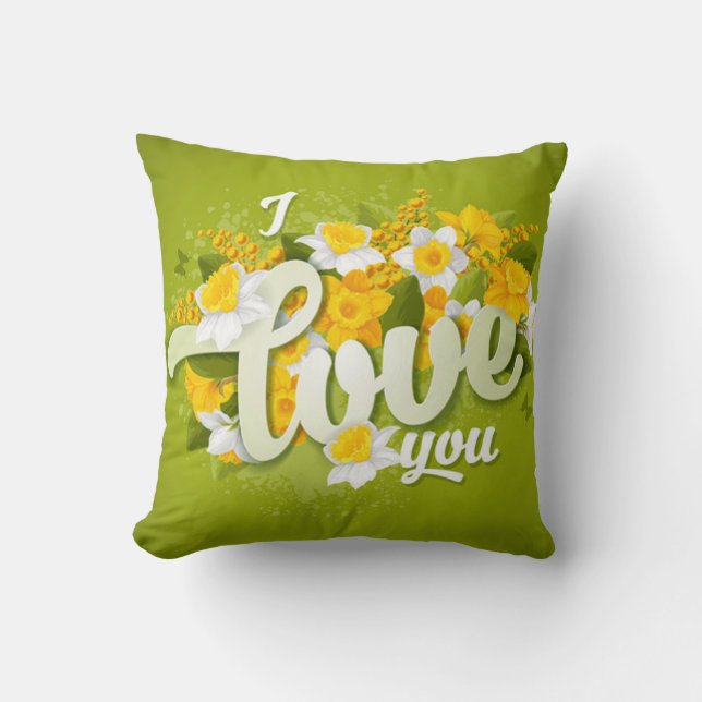 Romantic Green Yellow & White Daffodils Floral Throw Pillow (Front)