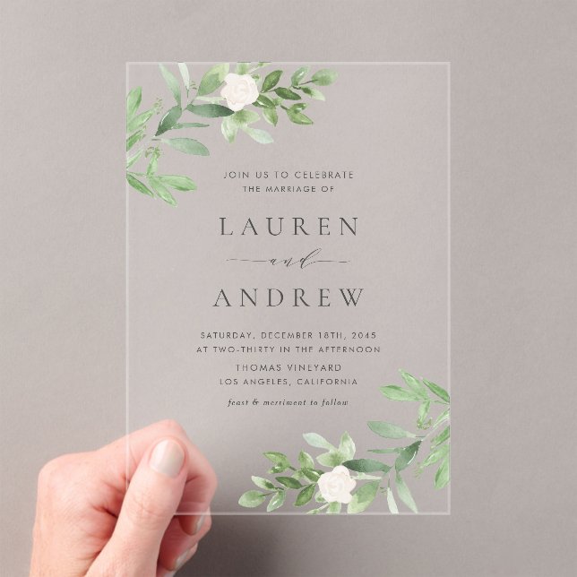 Romantic Greenery and White Flowers Wedding Acrylic Invitations (Insitu (Handheld))