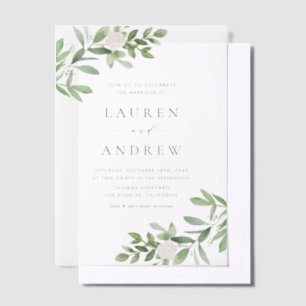Romantic Greenery and White Flowers Wedding Vellum Invitations