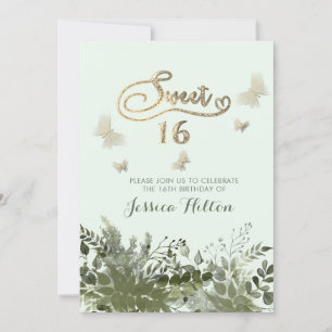 Romantic greenery Butterfly  garden sweet sixteen  Invitation