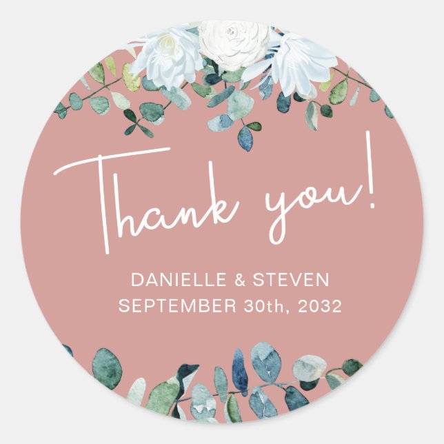 Romantic greenery eucalyptus names & wedding date classic round sticker (Front)