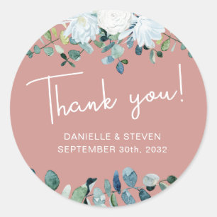 Romantic greenery eucalyptus names & wedding date classic round sticker