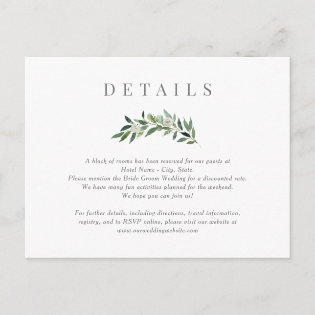Romantic Greenery Wedding Details Enclosure Card (Front)