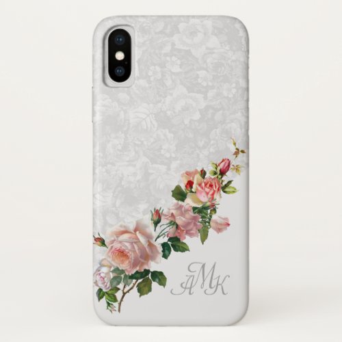 Romantic Grey Floral with Pink Roses and Monogram iPhone X Case