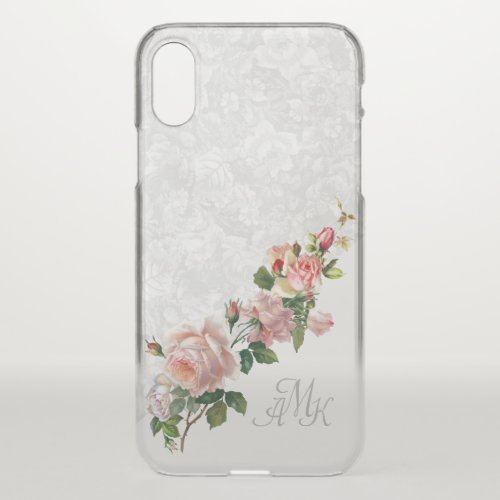 Romantic Grey Floral with Pink Roses and Monogram iPhone XS Case