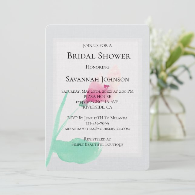 Romantic Grey Pink Floral Bridal Shower Invitation (Standing Front)