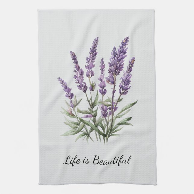 Romantic Grey Purple Lavender Floral Bridal Shower Kitchen Towel (Vertical)