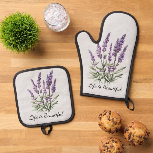 Romantic Grey Purple Lavender Floral Bridal Shower Oven Mitt & Pot Holder Set (Top Down)