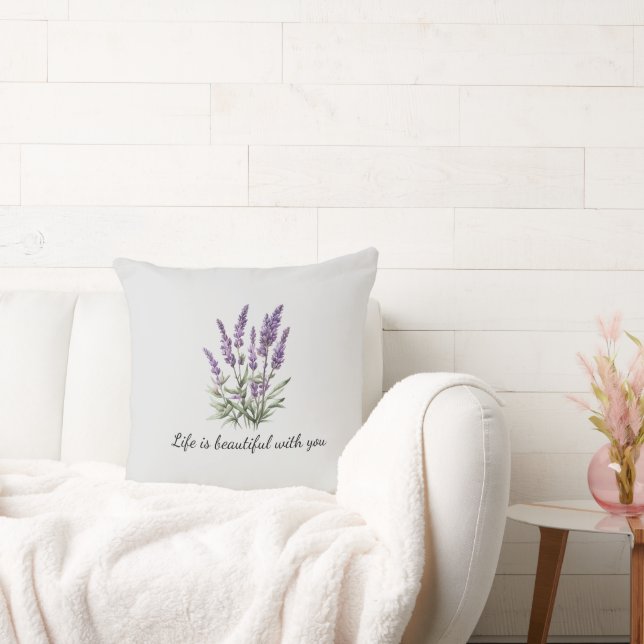 Romantic Grey Purple Lavender Floral Throw Pillow (Couch)