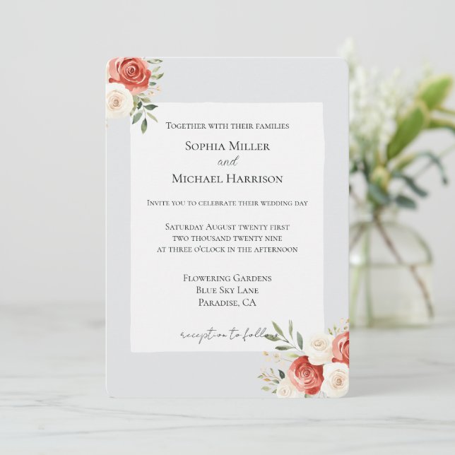 Romantic Grey Red Cream Roses Wedding Invitation (Standing Front)