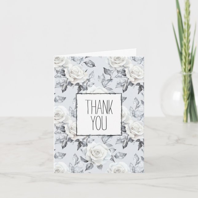 Romantic Grey Silver White Rose Floral Thank You Card (Front)