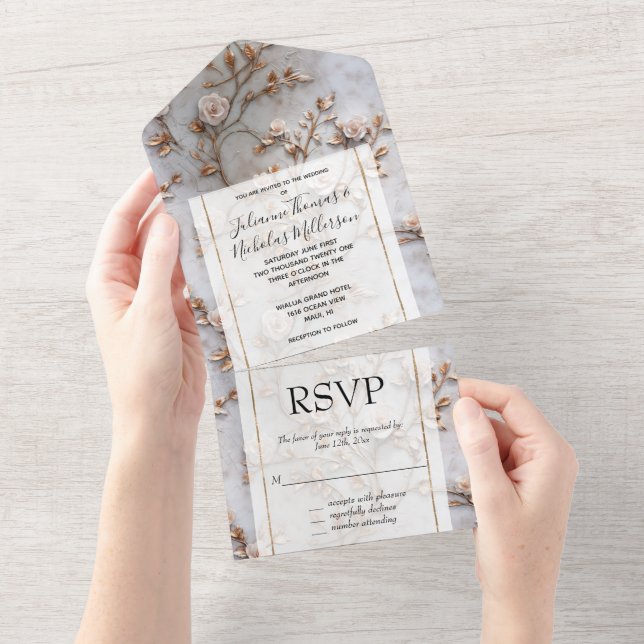 Romantic Grey White Blush Roses Wedding All In One Invitation (Tearaway)