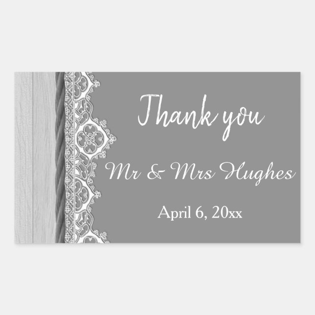 Romantic grey White lace grey wedding thank you Rectangular Sticker (Front)