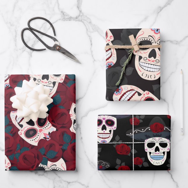 Romantic Halloween Sugar Skull Mexican Wrapping Paper Sheets (Front)