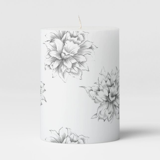 Romantic hand drawing black and white flowers pillar candle (Front)