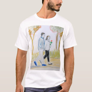 Romantic Hand-Drawn Couple Walking in Park t-shirt