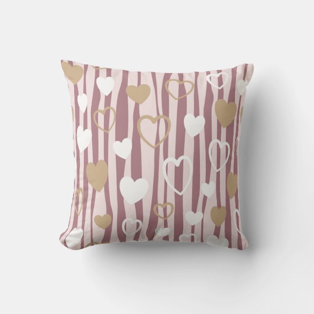 Romantic Hand-Drawn Hearts & Organic Stripes Throw Pillow (Front)