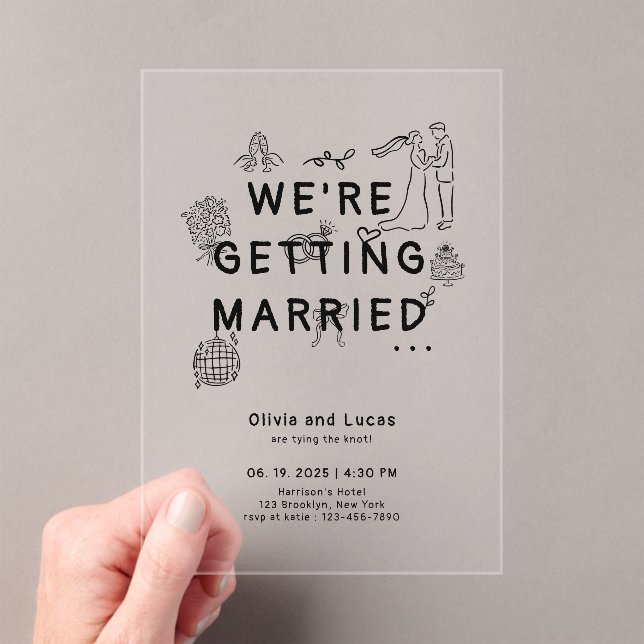 Romantic Hand Drawn Whimsical Black Wedding Acrylic Invitations (Insitu (Handheld))