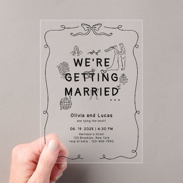 Romantic Hand Drawn Whimsical Black White Wedding Acrylic Invitations (Insitu (Handheld))