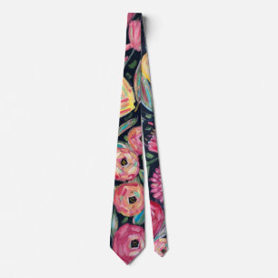 Romantic Hand Painted Dark Floral Garden Wedding Neck Tie