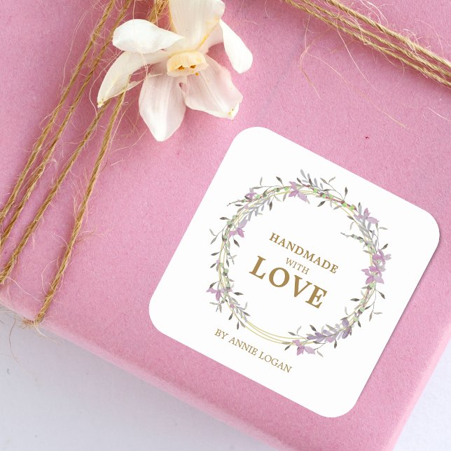 Romantic Handmade with Love Lilac Floral Wreath Square Sticker (Creator Uploaded)