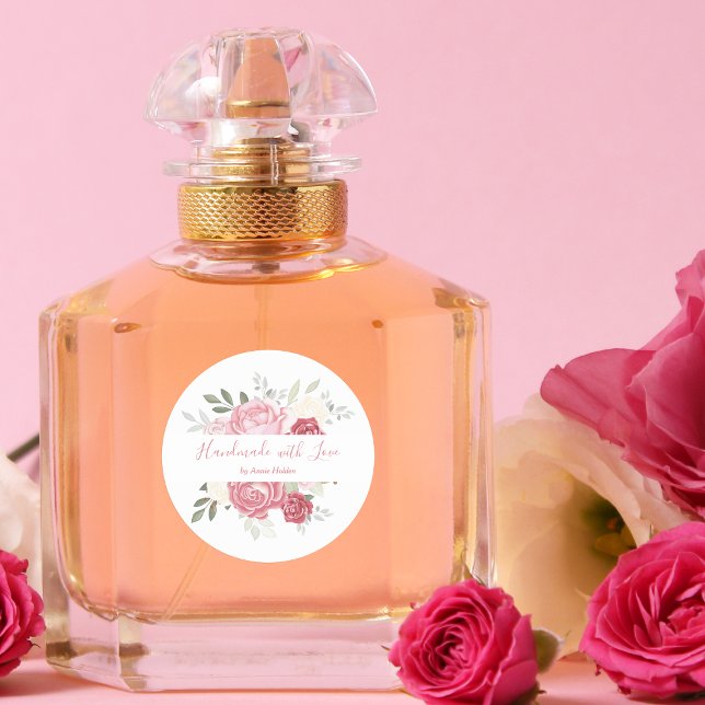 Romantic Handmade with Love Pink Floral Bouquet Classic Round Sticker (Creator Uploaded)