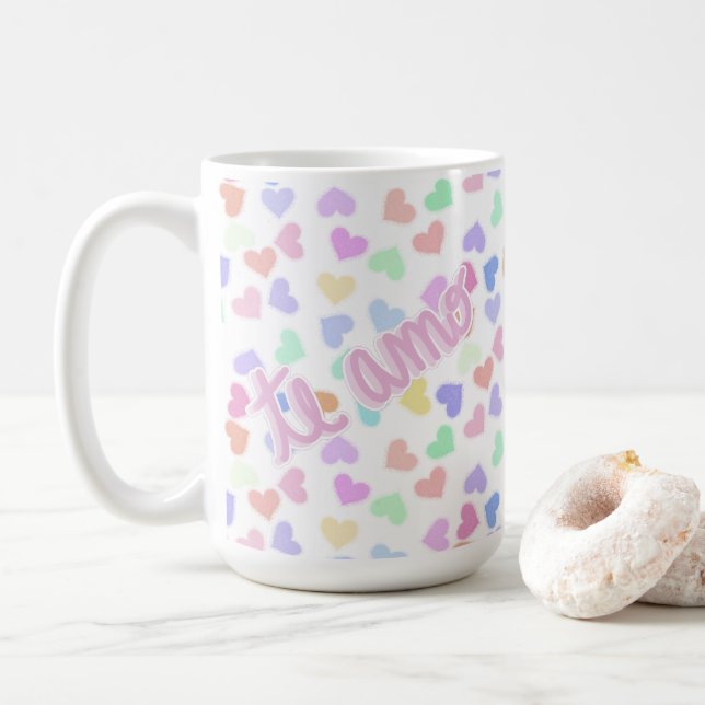 Romantic Handwritten Te Amo Pastel Heart Confetti Coffee Mug (With Donut)