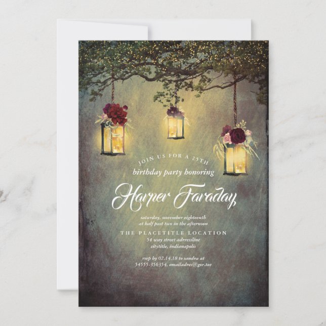Romantic Hanging Lantern Burgundy Rustic Birthday Invitation (Front)