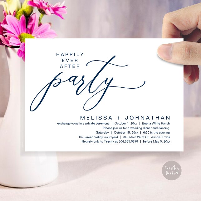 Romantic Happily Ever After Party Elopement Dinner Invitation (Romantic Modern Happily Ever After Party Elopement Dinner Invitation Card PDF in Classy Navy Blue)