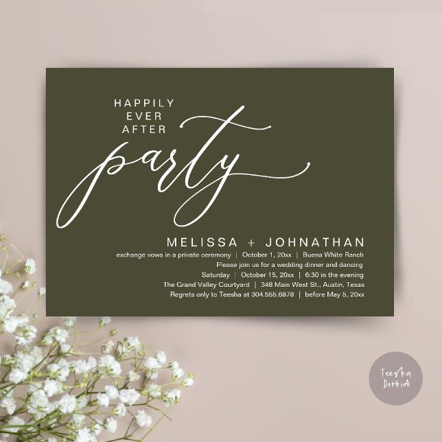 Romantic Happily Ever After Party Elopement Dinner Invitation (Romantic Modern Happily Ever After Party Elopement Dinner Invitation Card PDF in Rustic Olive Green)