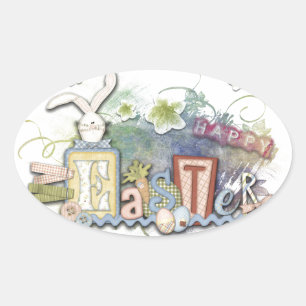 Romantic Happy Easter Bunny Greeting Cute Text Oval Sticker